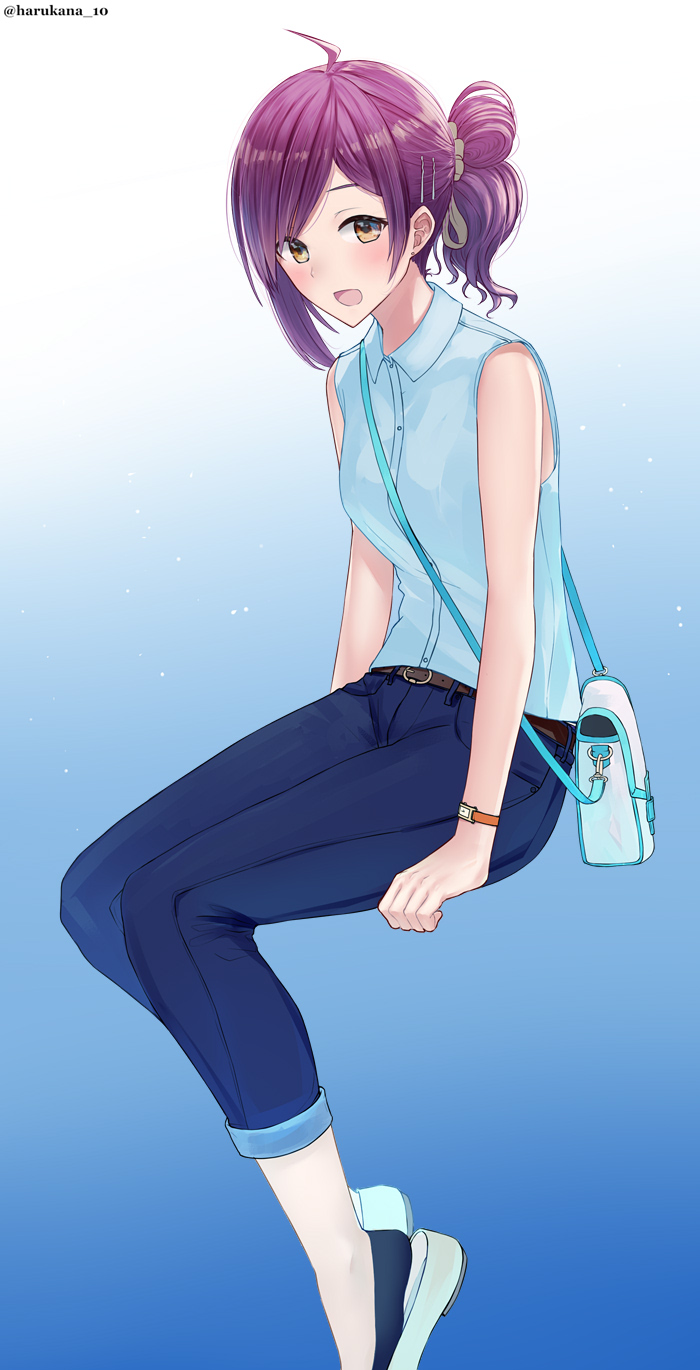 1girl, :d, ahoge, alternate_hairstyle, bag, bare_arms, bare_shoulders, blue_background