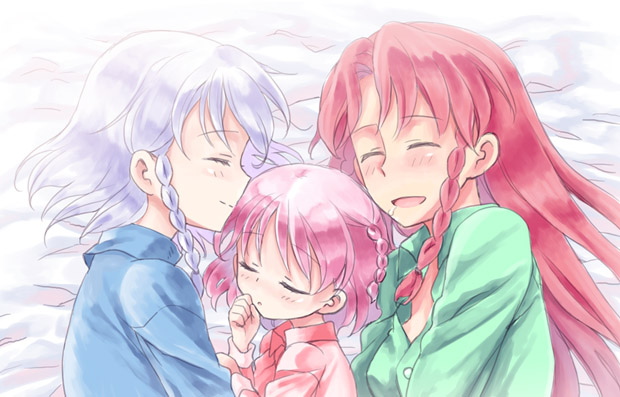 bed, braid, child, closed_eyes, hong_meiling, if_they_mated, izayoi_sakuya, rom_sen, saliva, saya0426_(pixiv), sleeping, smile, touhou, twin_braids
