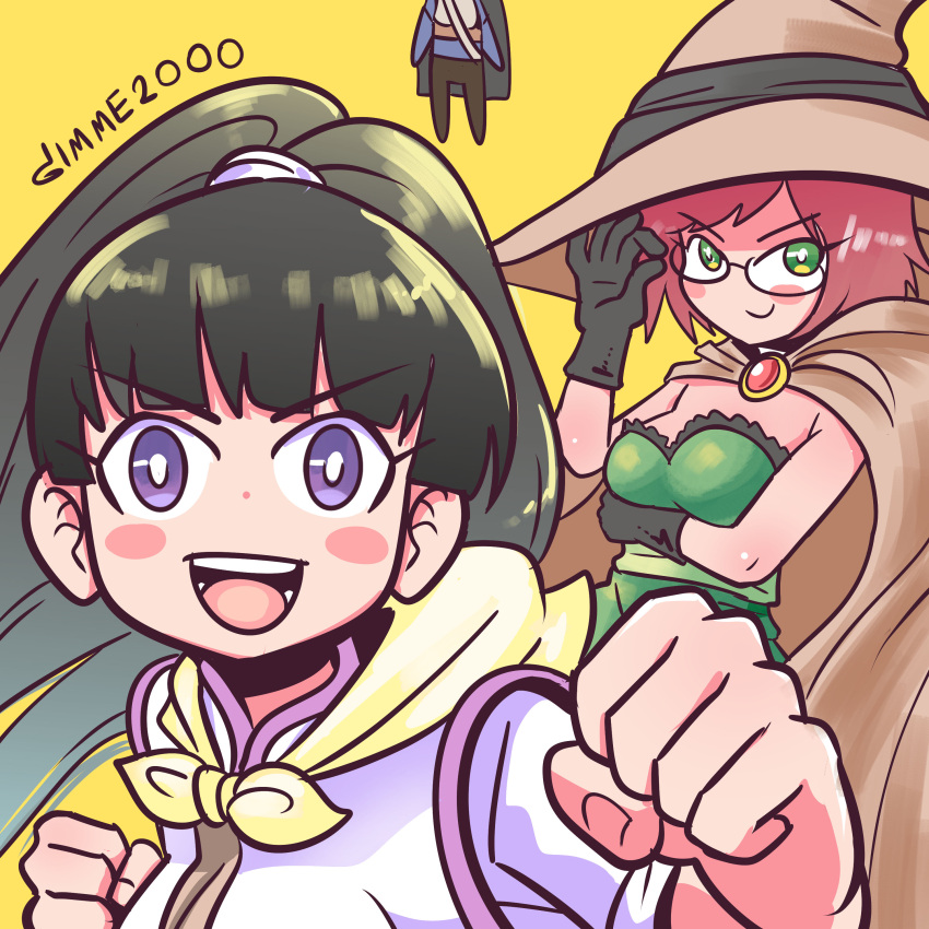 1boy, 2girls, absurdres, adjusting_eyewear, black_hair, blue_eyes, blush_stickers, breast_hold