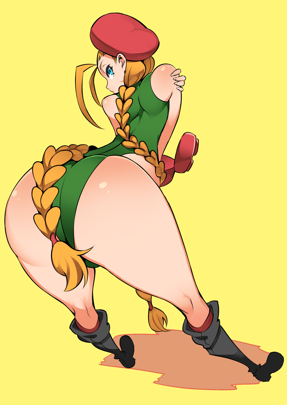1girl, ass, back, bare_shoulders, bent_over, beret, blonde_hair, blue_eyes