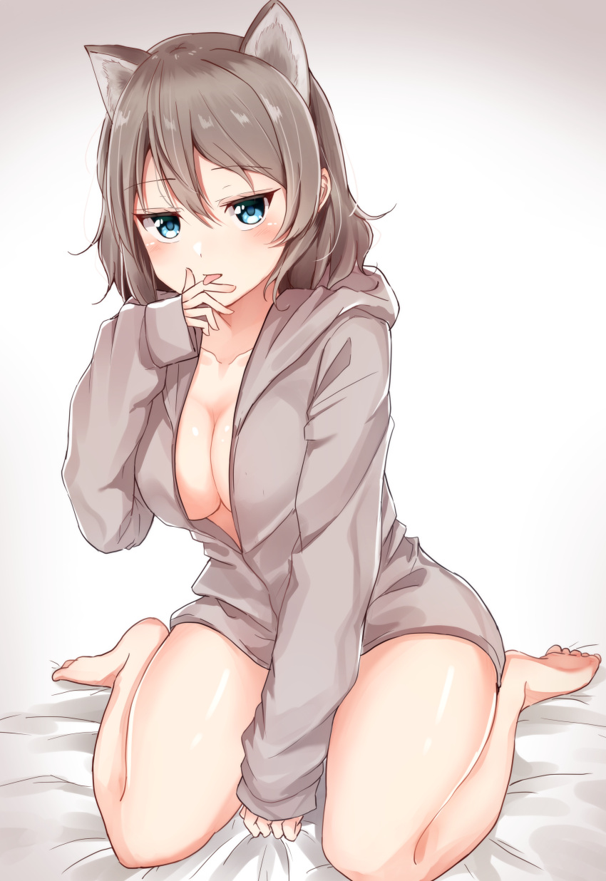 1girl, absurdres, animal_ears, bare_legs, barefoot, bed_sheet, blue_eyes, breasts