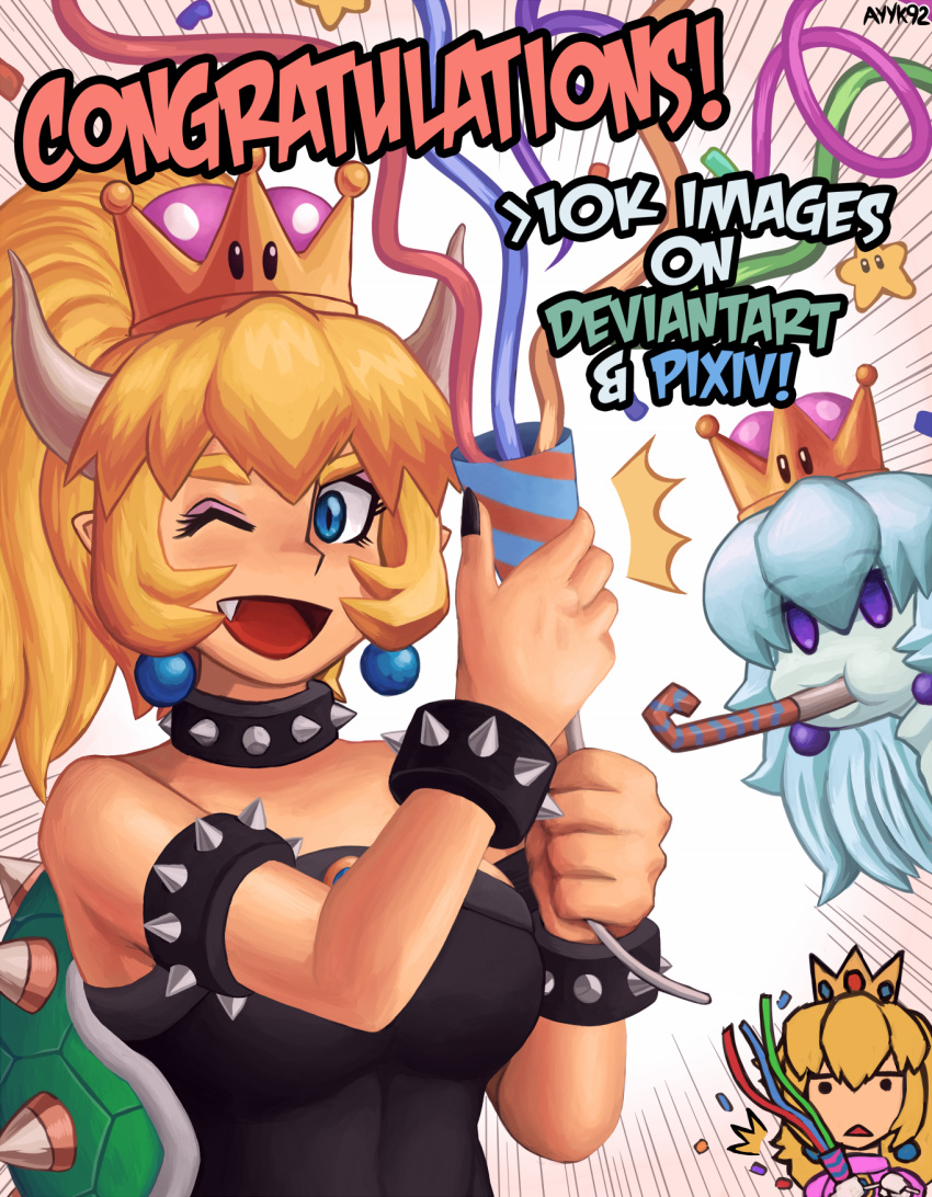 3girls, ayyk92, background_character, blonde_hair, blue_eyes, bowser, bowsette, bracelet