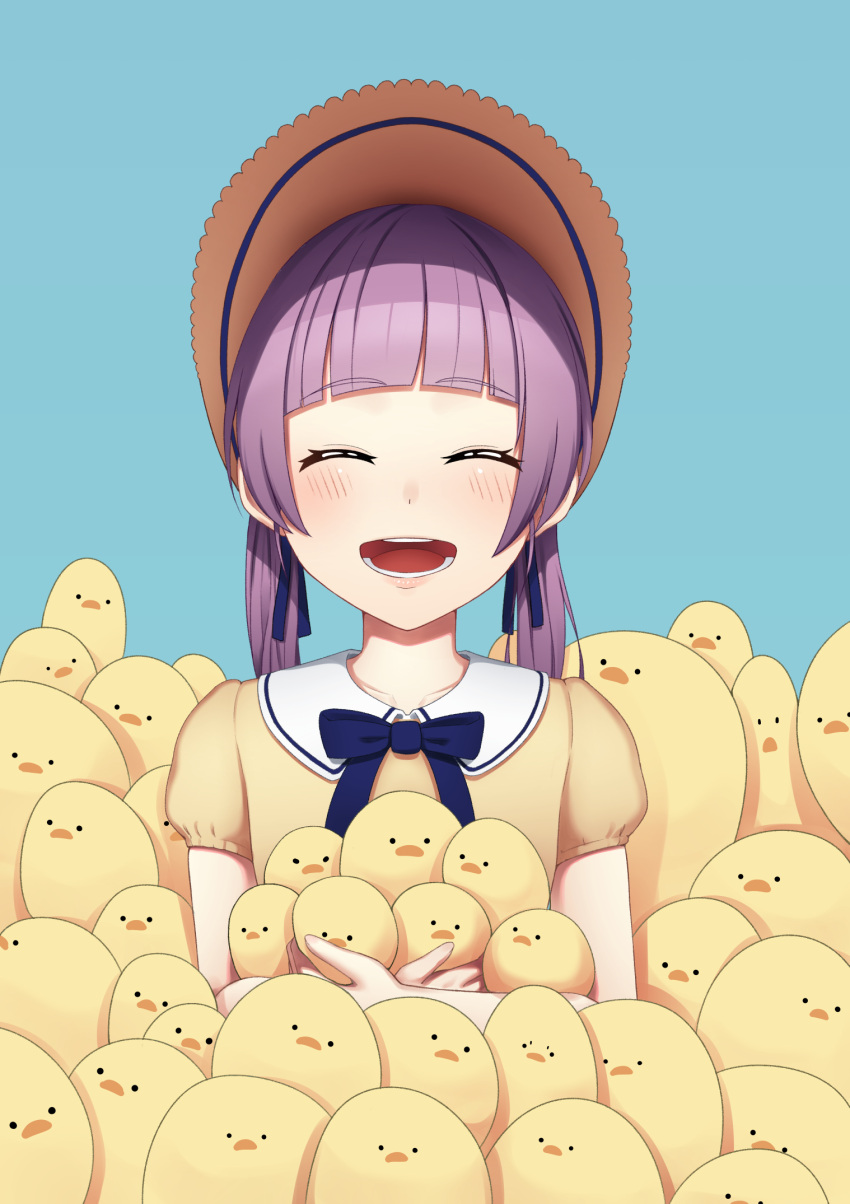 1girl, bird, black_bow, black_ribbon, blush, bow, chick, closed_eyes