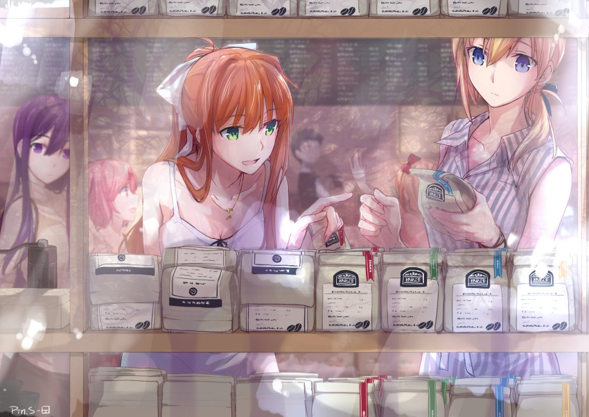 1boy, 5girls, bag, bangs, black_hair, blonde_hair, blue_eyes, blue_stripes