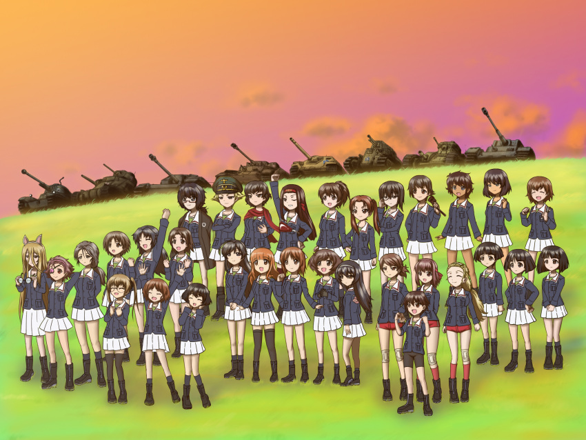 6+girls, akiyama_yukari, bal_(uqdf), breasts, caesar_(girls_und_panzer), caterpillar_tracks, char_b1, clouds