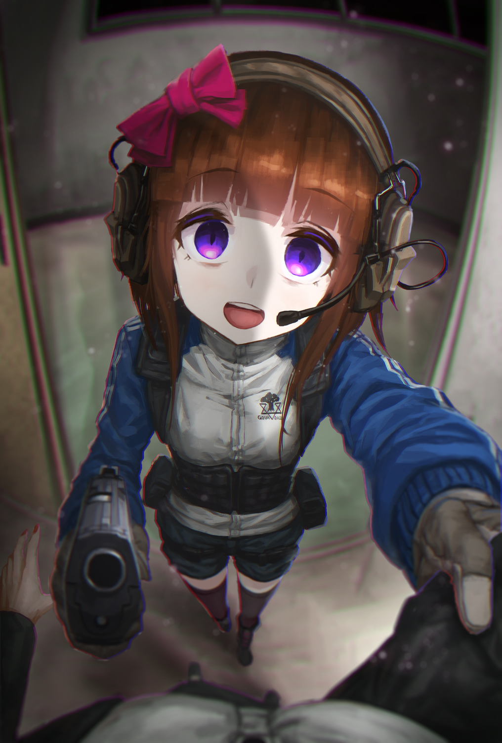 2girls, aiming_at_viewer, at_gunpoint, bangs, belt, black_jacket, blunt_bangs, bow