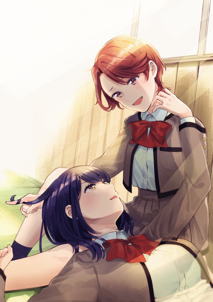 2girls, blue_hair, blush, bow, bowtie, brown_eyes, canno, commentary_request, eye_contact, hanayagi_kaoruko, isurugi_futaba, lap_pillow, looking_at_another, lying, multiple_girls, on_back, open_mouth, playing_with_another's_hair, pleated_skirt, redhead, seishou_music_academy_uniform, short_hair, shoujo_kageki_revue_starlight, sitting, skirt, sunlight, tatami, wing_collar, yuri