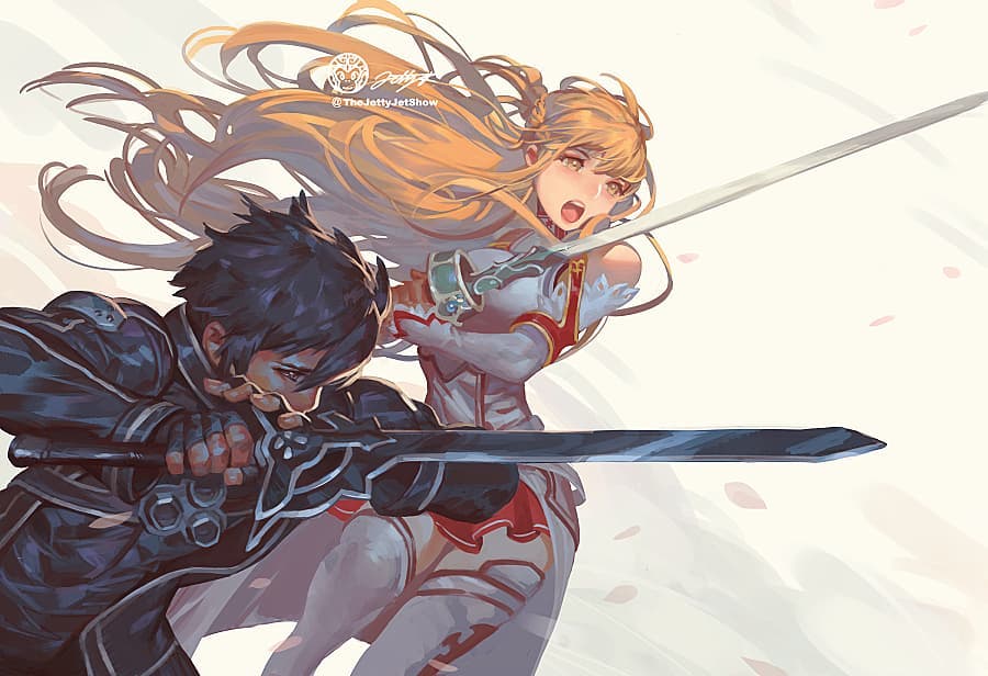 1boy, 1girl, asuna_(sao), bangs, bare_shoulders, black_coat, black_eyes, black_hair