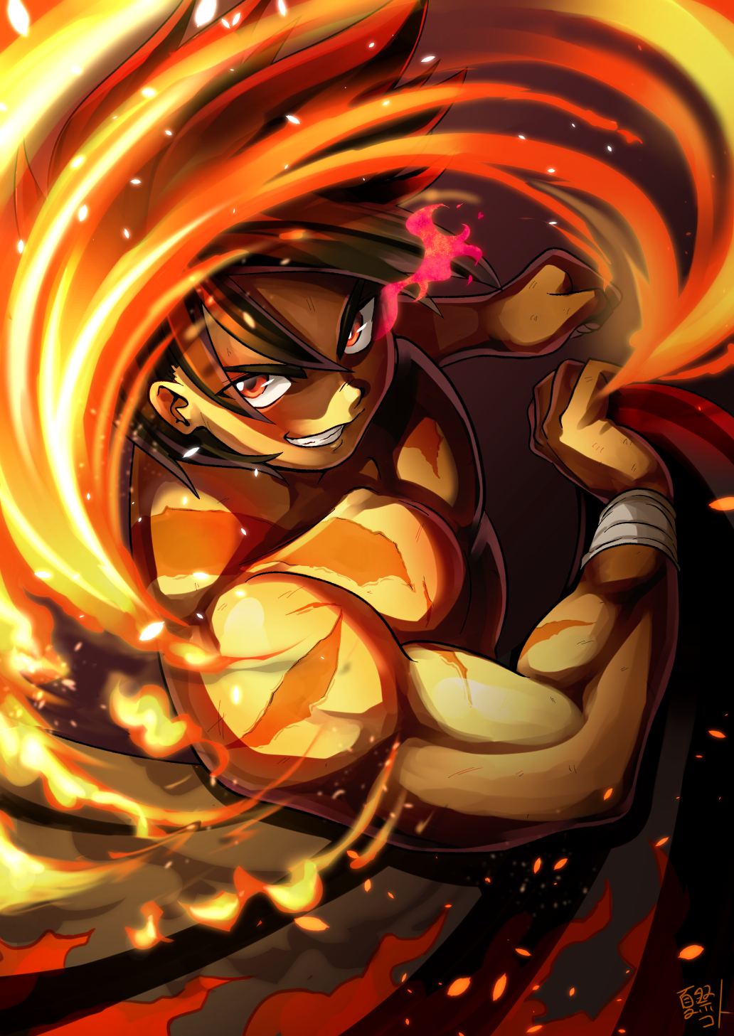 1boy, black_hair, clenched_hand, fire, flexing, highres, hinomaru_zumou, looking_at_viewer