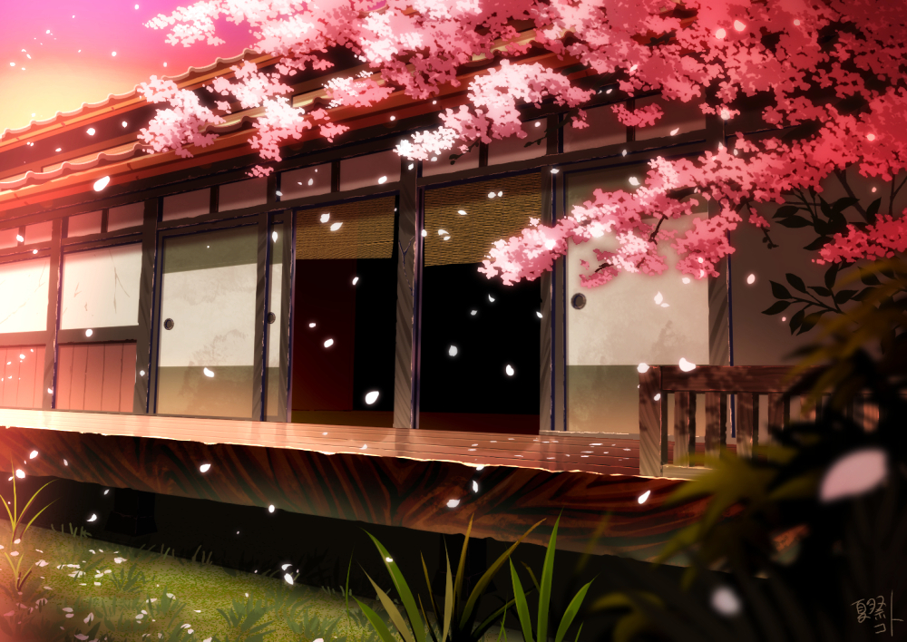 architecture, cherry_blossoms, east_asian_architecture, grass, no_humans, original, outdoors, petals, pink_sky, scenery, sliding_doors, waraimasuka