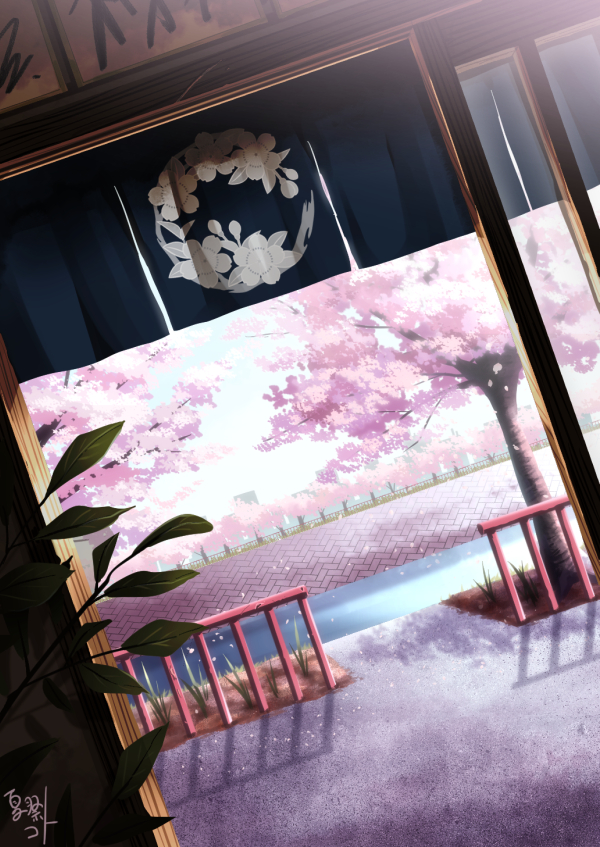 blue_sky, cherry_blossoms, day, dutch_angle, original, railing, scenery, shadow
