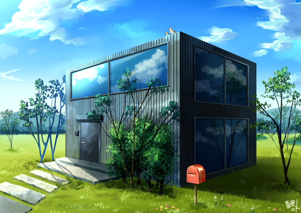 bird, blue_sky, building, clouds, day, door, grass, mailbox_(incoming_mail), no_humans, original, outdoors, reflection, scenery, sky, tree, waraimasuka, window