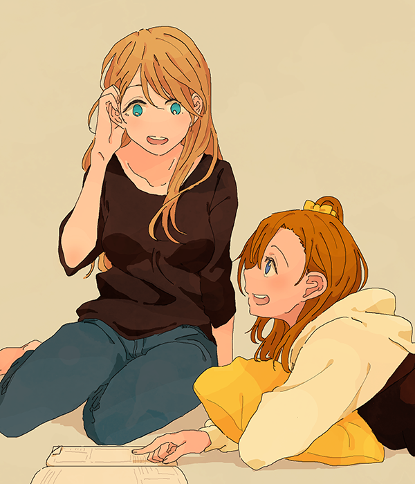 2girls, :d, ayase_eli, bangs, barefoot, black_shirt, blonde_hair, blue_eyes