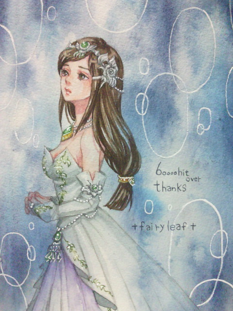 1girl, black_hair, breasts, cleavage, commentary_request, dress, final_fantasy, final_fantasy_ix, garnet_til_alexandros_xvii, graphite_(medium), jewelry, long_hair, low-tied_long_hair, morito_leaf9, necklace, solo, tiara, traditional_media, watercolor_(medium), wedding_dress