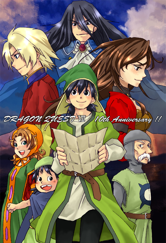 belt, black_eyes, black_hair, blue_cape, brown_hair, cape, closed_mouth, clouds