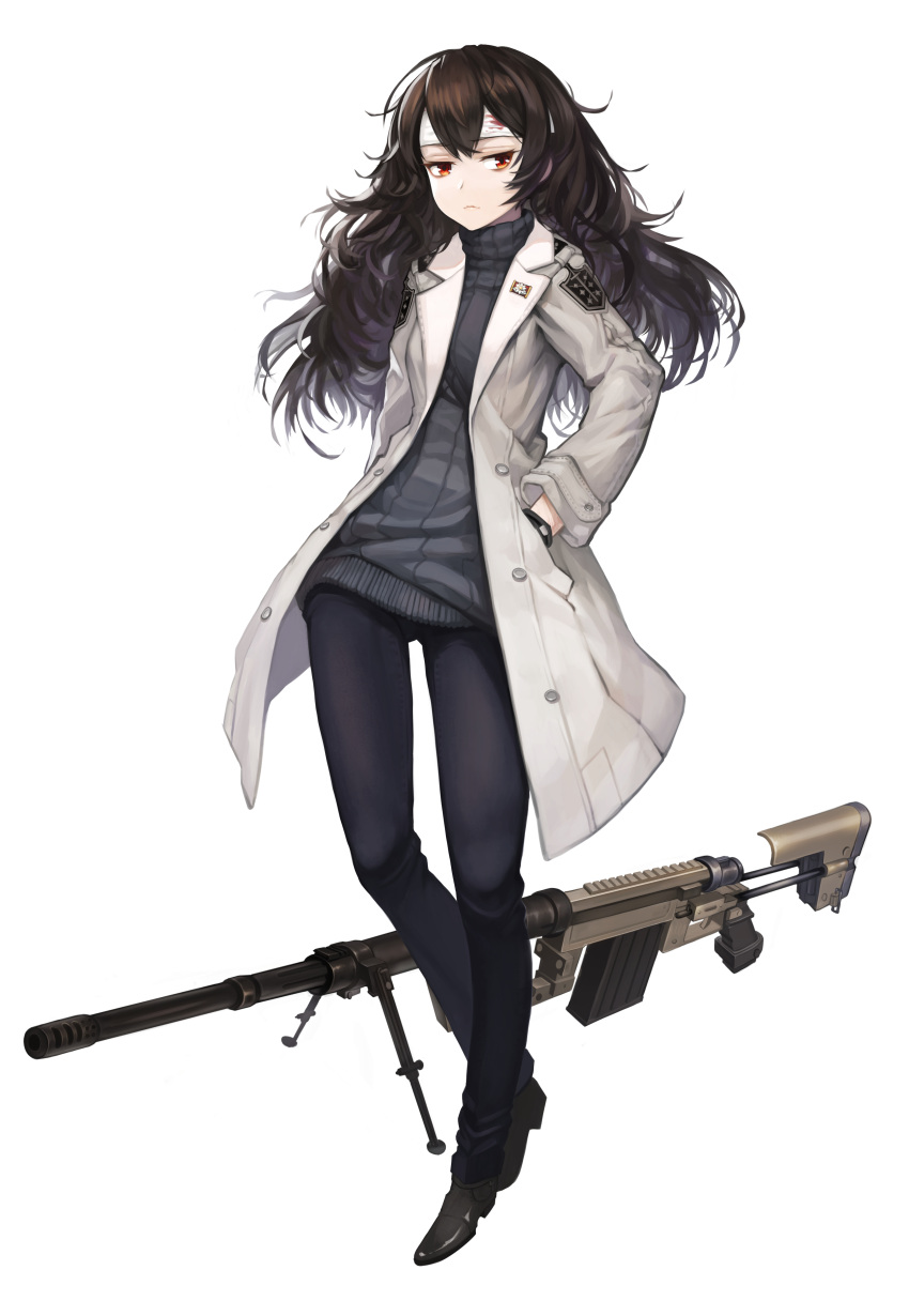 1girl, absurdres, bandage, black_hair, bolt_action, cheytac_m200, closed_mouth, full_body