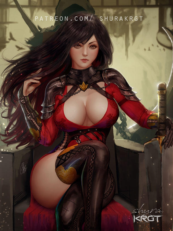1girl, armor, artist_name, bangs, black_hair, breasts, chains, chair