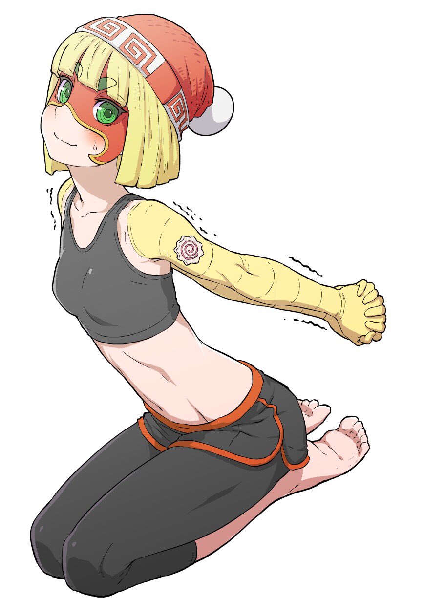 1girl, arms_(game), bangs, beanie, blonde_hair, blush, domino_mask, green_eyes