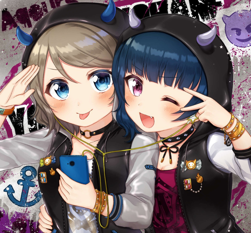 2girls, :p, ;d, anchor_symbol, arm_around_waist, bad_id, bad_pixiv_id, badge