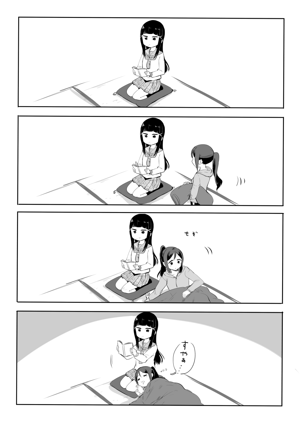2girls, bangs, blunt_bangs, book, closed_eyes, cushion, greyscale, hair_ornament