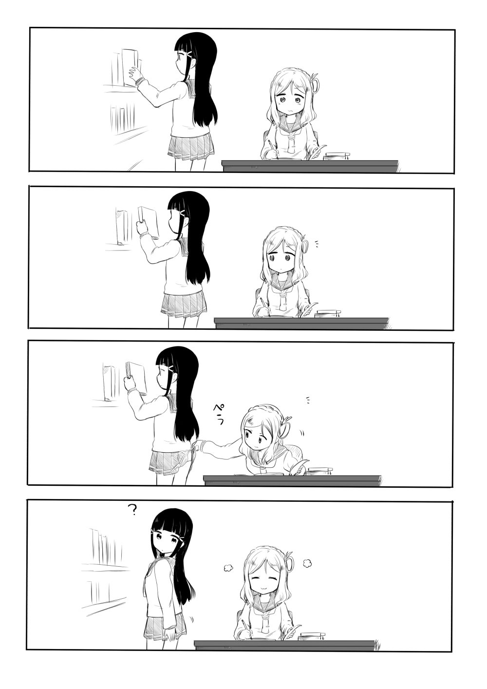 2girls, 4koma, ?, ^_^, bangs, book, bookshelf, braid