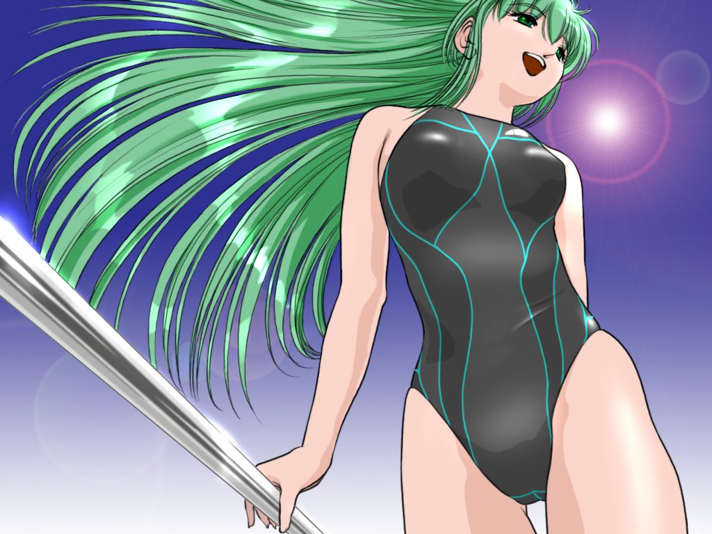 from_below, green_eyes, green_hair, ikuta_kaoru, long_hair, one-piece_swimsuit, pole, swimsuit, view_from_below