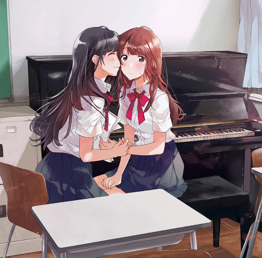 2girls, ^_^, arm_holding, bangs, black_hair, black_skirt, blush, brown_hair