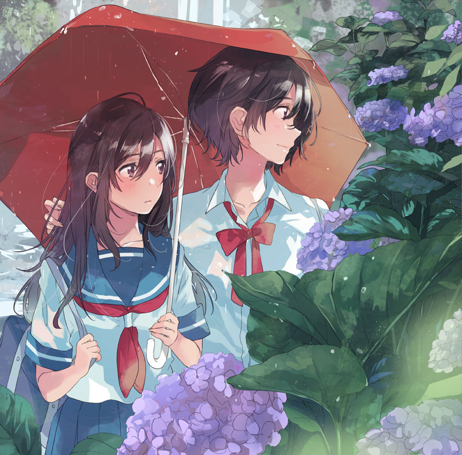 2girls, blue_sailor_collar, blue_skirt, blush, bow, cover_image, dress_shirt, flower, fly_(marguerite), hand_in_another's_hair, long_hair, looking_to_the_side, md5_mismatch, multiple_girls, neckerchief, original, pleated_skirt, profile, red_bow, red_neckwear, red_ribbon, red_umbrella, ribbon, sailor_collar, school_uniform, serafuku, shared_umbrella, shirt, short_hair, skirt, umbrella, white_shirt, yuri