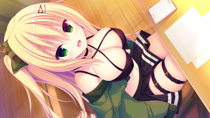 blonde_hair, blush, breasts, choker, criss-cross_halter, desk, eyebrows_visible_through_hair, from_above
