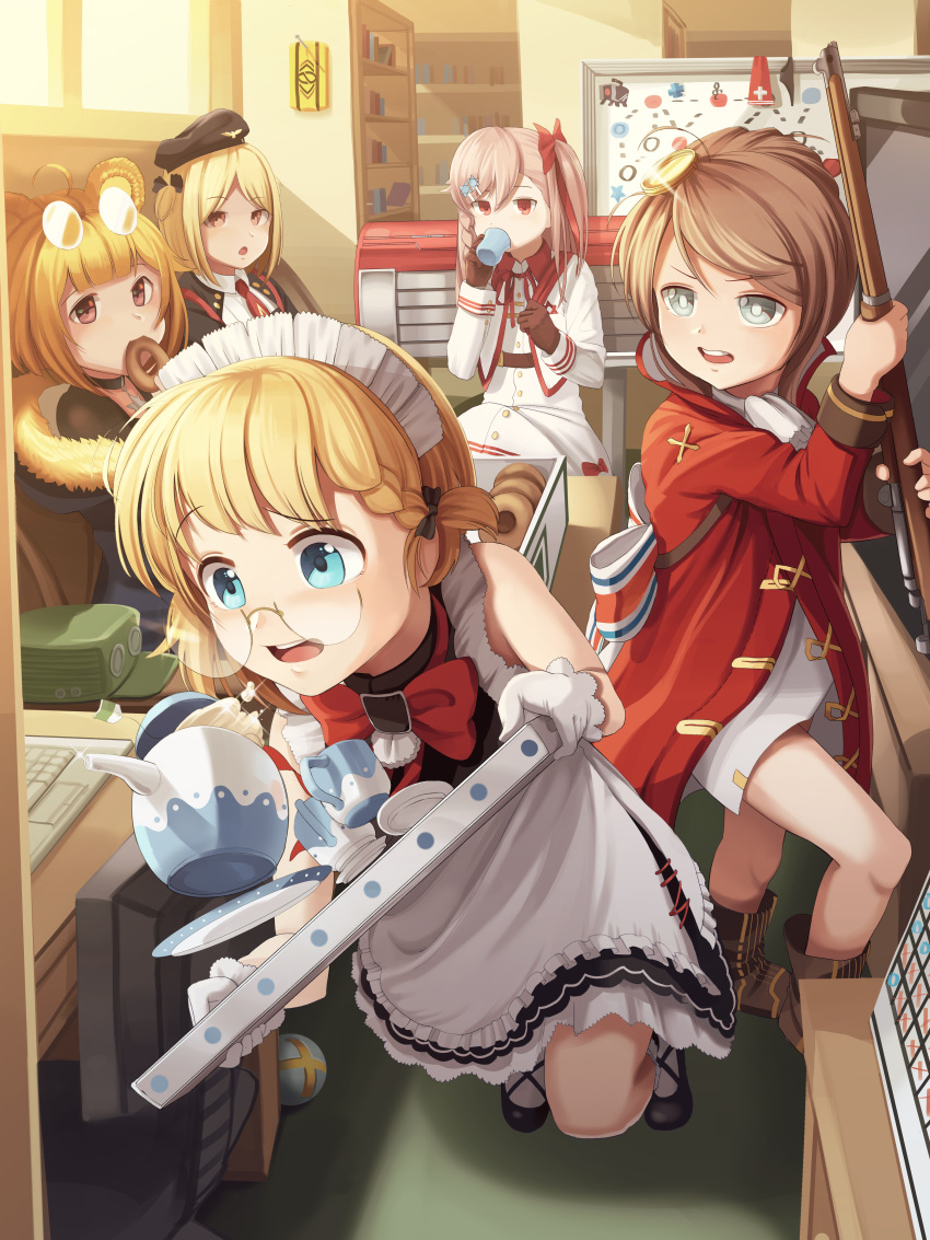 5girls, absurdres, ahoge, black_bow, blonde_hair, blue_eyes, blush, book