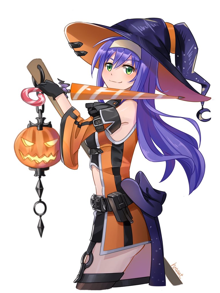 1girl, artist_name, belt, black_gloves, blue_hair, broom, closed_mouth, detached_sleeves