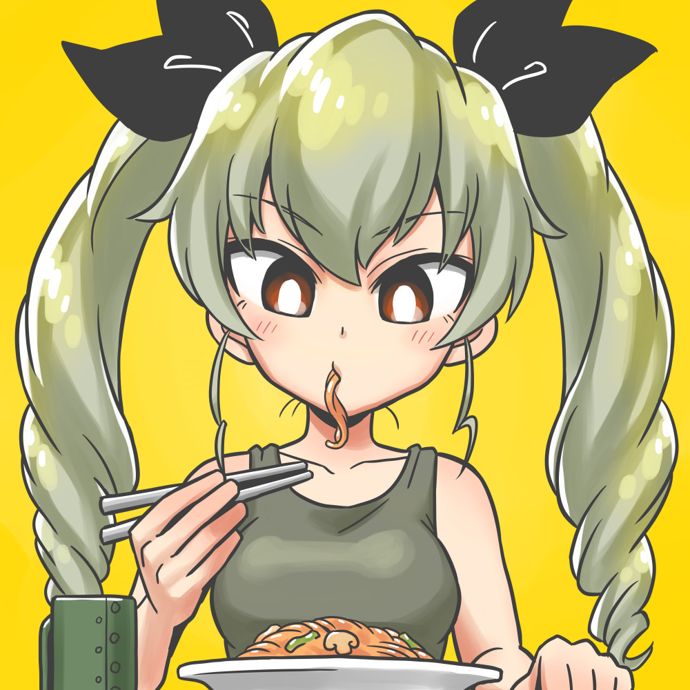 1girl, anchovy, bangs, black_ribbon, black_shirt, chopsticks, comic, commentary_request