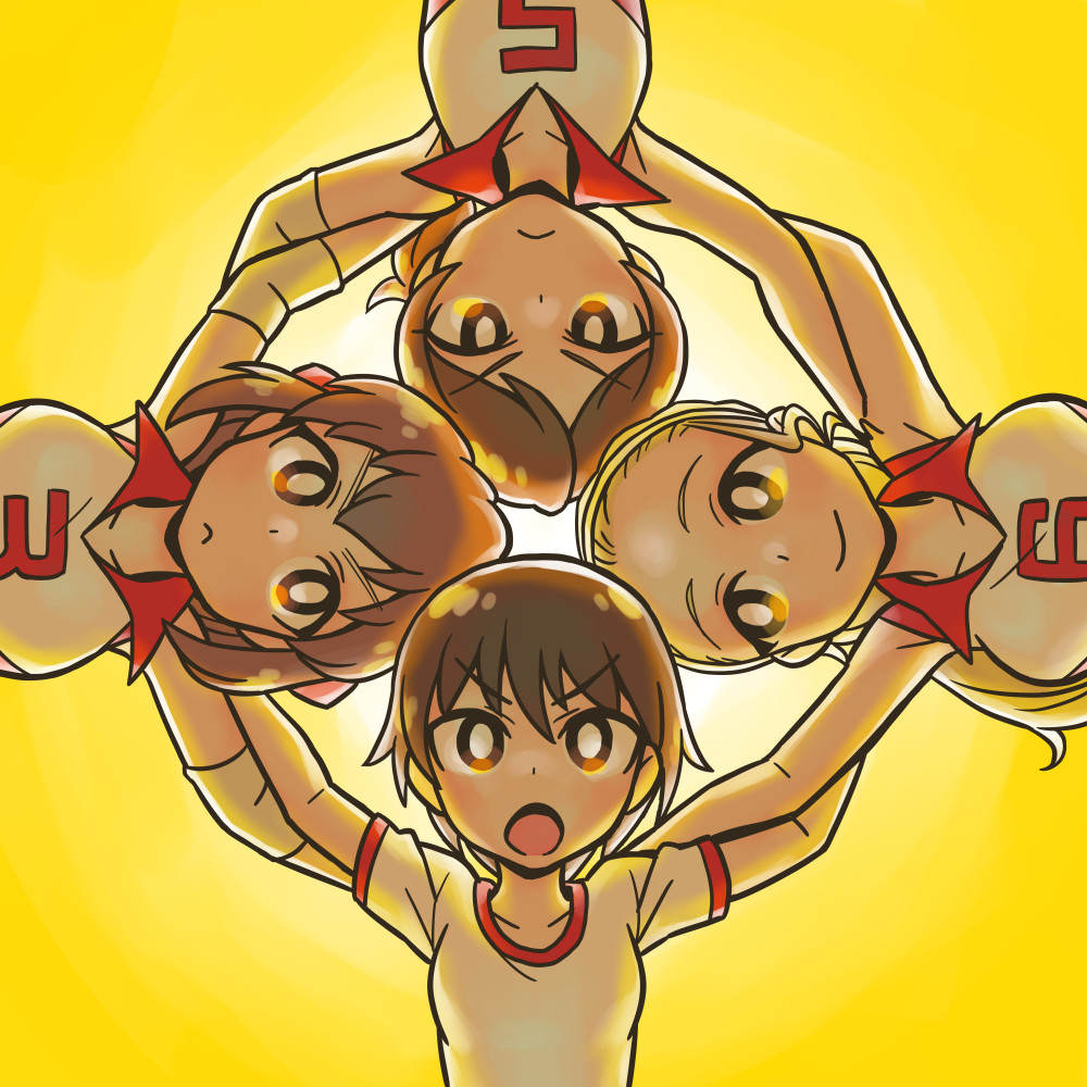 4girls, bangs, blonde_hair, brown_eyes, brown_hair, closed_mouth, commentary_request, elbow_pads