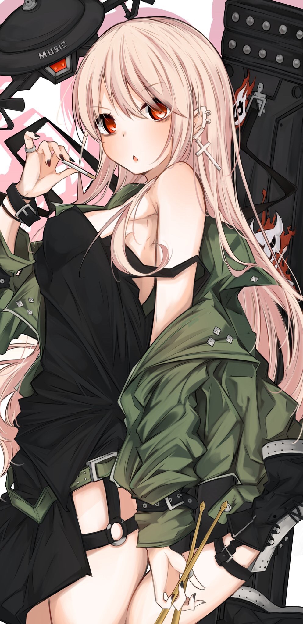 1girl, 7:08, armpits, bags_under_eyes, bangs, bare_shoulders, belt_buckle, black_footwear