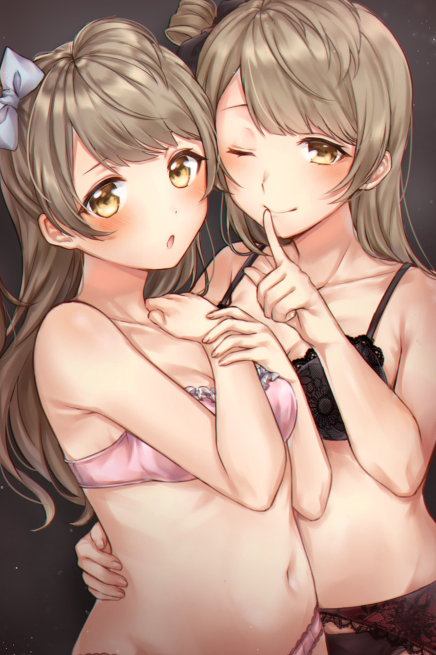 2girls, ;), absurdres, bangs, bare_arms, bare_shoulders, black_bow, black_bra
