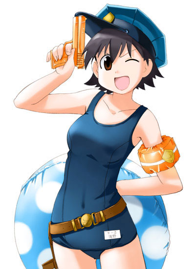 azumanga_daioh, azumanga_daiou, belt, brown_eyes, brown_hair, hat, innertube, one-piece_swimsuit