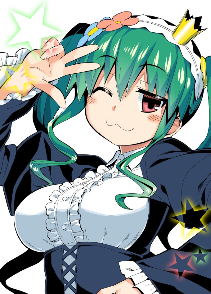 1girl, :3, breasts, commentary_request, crown, eyebrows_visible_through_hair, framed_breasts, frills