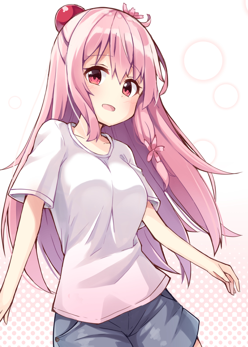 1girl, :d, commentary_request, hair_bobbles, hair_ornament, long_hair, looking_at_viewer, ominaeshi_(takenoko)