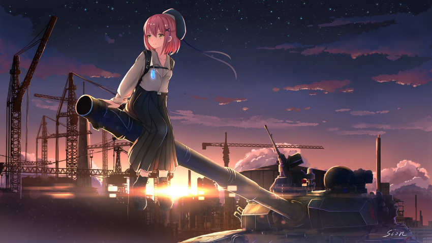 1girl, arm_support, artist_name, backpack, bag, beret, black_footwear, black_skirt