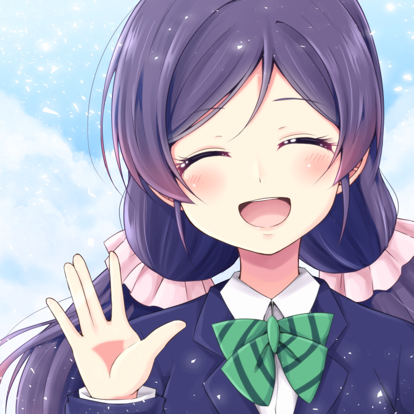 1girl, :d, \||/, blazer, blush, bow, bowtie, chiro_(bocchiropafe)