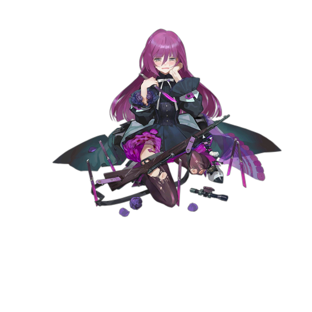 1girl, carcano, carcano_m91/38_(girls_frontline), crying, crying_with_eyes_open, frills, girls_frontline, gun, hair_between_eyes, long_hair, nishihara_isao, official_art, pantyhose, purple_hair, ribbon, scratches, skirt, tears, torn_clothes, torn_pantyhose, torn_skirt, weapon