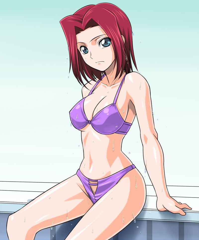 (^_^)_(pixiv198858), blue_eyes, code_geass, kallen_stadtfeld, midriff, muhi11234, red_hair, redhead, short_hair, sitting, swimsuit, wet