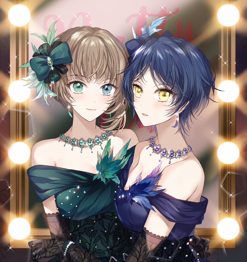 2girls, aqua_bow, aqua_dress, black_gloves, blue_bow, blue_dress, blue_eyes, blue_feathers