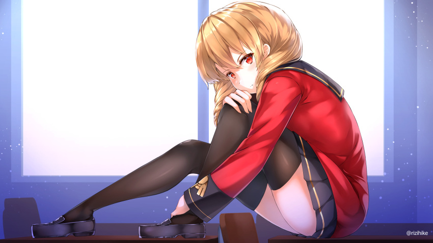 1girl, blonde_hair, classroom, clip_studio_paint, commission, desk, drill_hair, erika_wagner