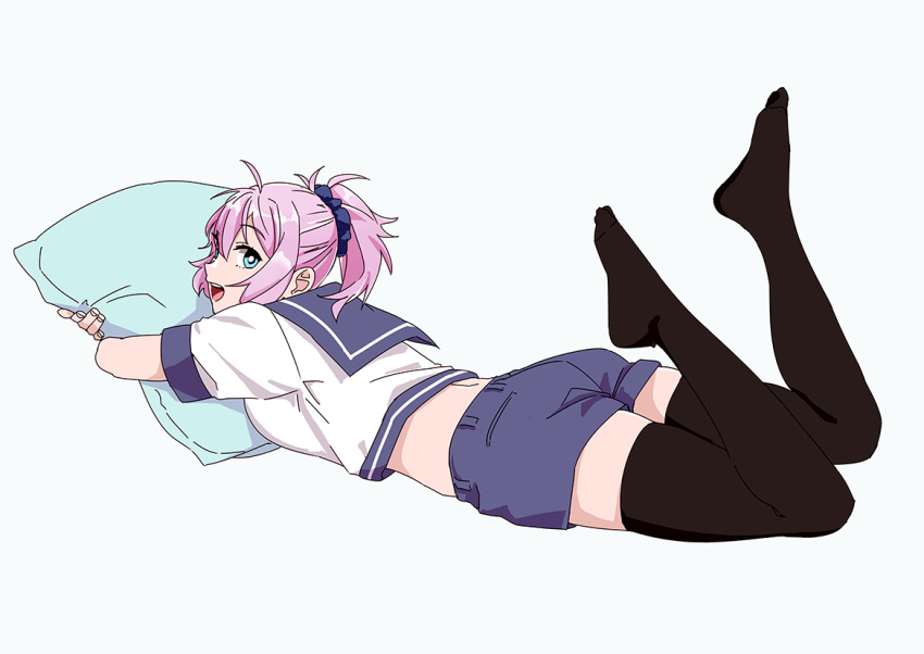 1girl, :d, aqua_eyes, aqua_pillow, bangs, black_legwear, breasts, commentary_request, crop_top, eyebrows_visible_through_hair, eyes_visible_through_hair, feet, film_grain, full_body, grey_background, hair_ornament, hair_scrunchie, happy, high-waist_shorts, hips, kantai_collection, large_breasts, legs, legs_up, looking_at_viewer, lying, no_shoes, ojipon, on_stomach, open_mouth, pillow, pillow_hug, pink_hair, ponytail, purple_sailor_collar, purple_shorts, raised_eyebrows, sailor_collar, scrunchie, shiny, shiny_hair, shirt, short_hair, short_shorts, short_sleeves, shorts, simple_background, skindentation, sleeve_cuffs, smile, soles, solo, stomach, thigh-highs, toes, white_pupils, white_shirt