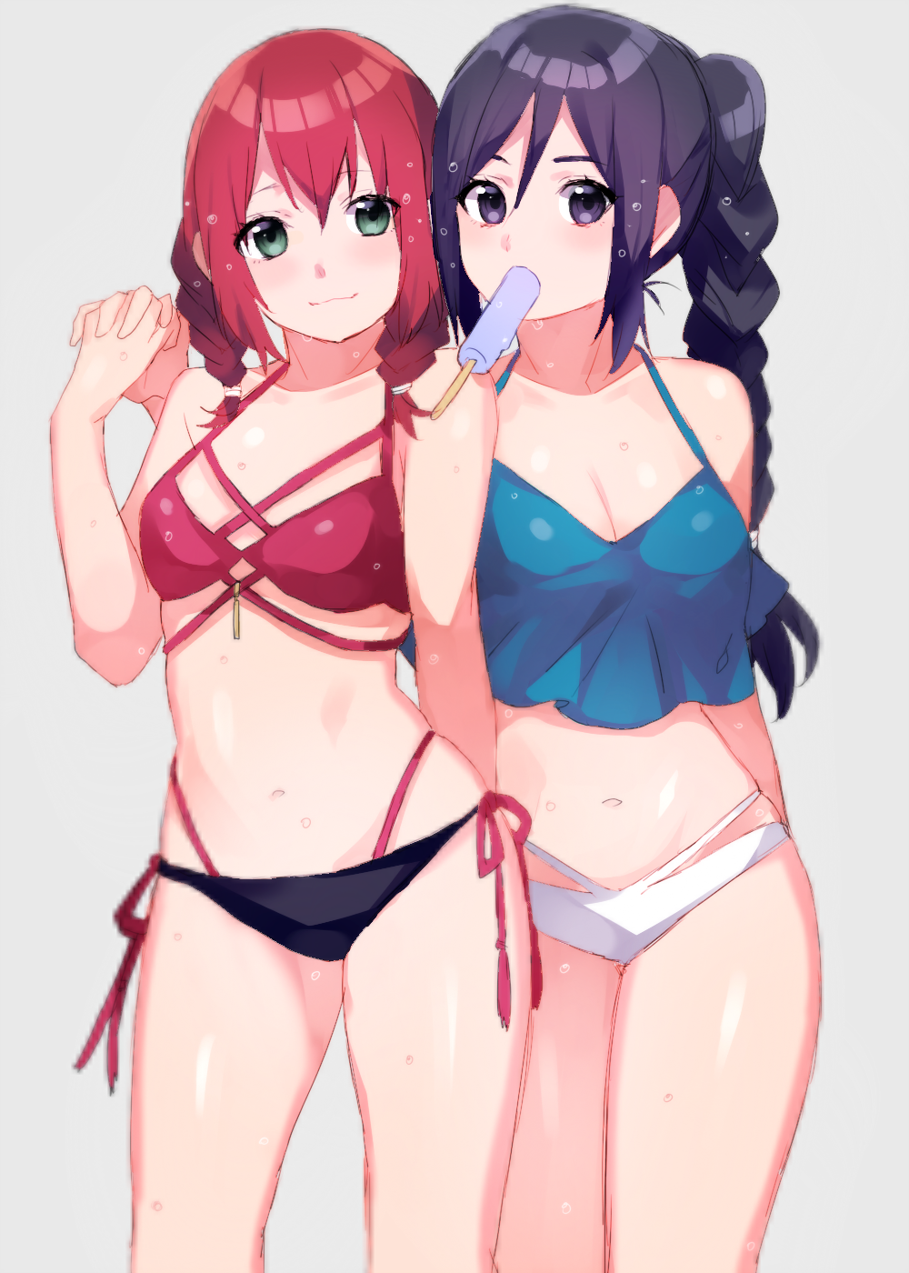 2girls, alternate_hairstyle, aqua_eyes, bare_legs, bare_shoulders, bikini, blue_hair, braid