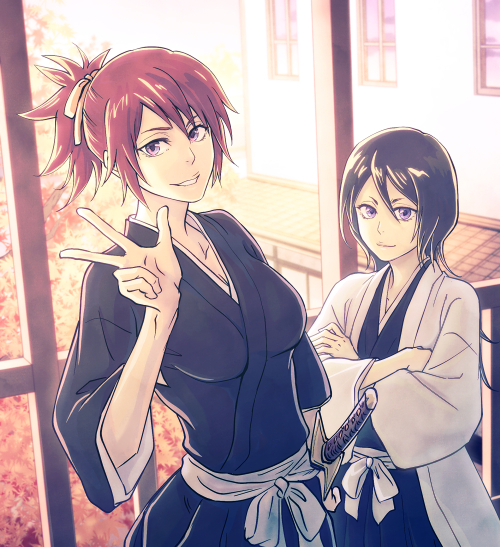 1boy, 1girl, abarai_ichika, black_hair, black_kimono, bleach, breasts, brown_eyes, brown_hair, cleavage, crossed_arms, grin, hair_between_eyes, haori, japanese_clothes, kawana_h, kimono, kuchiki_rukia, looking_at_viewer, medium_breasts, older, outdoors, sheath, sheathed, shiny, shiny_hair, short_ponytail, smile, standing, sword, violet_eyes, w, weapon