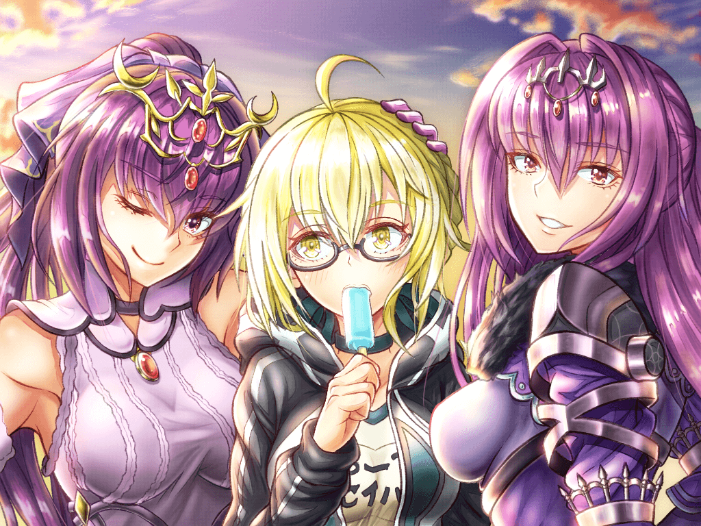 3girls, ;), ahoge, artoria_pendragon_(all), black-framed_eyewear, blonde_hair, blue_sky, bow