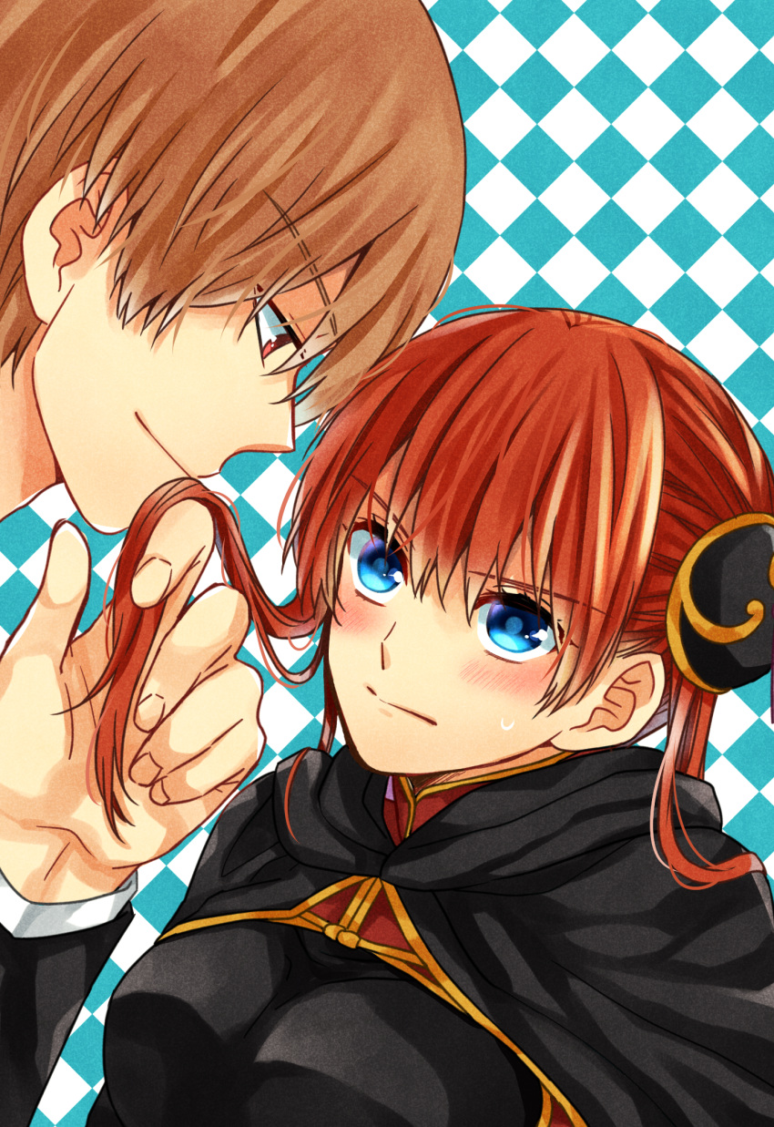 1boy, 1girl, black_cape, blue_eyes, breasts, brown_hair, cape, checkered
