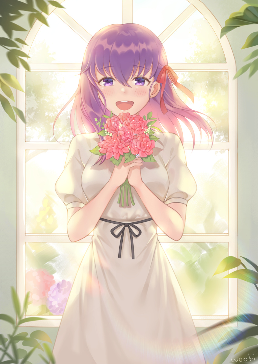1girl, :d, artist_name, black_ribbon, blush, bouquet, dress, eyebrows_visible_through_hair